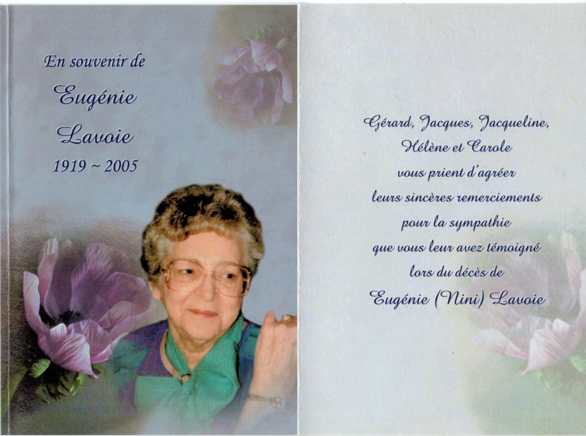 Eugenie Trépanier/Lavoie carte remerciement